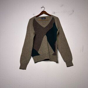 VTG Shetland Knit Pure Wool Argyle Sweater Women 14 Abstract 70s Monsieur Pierre